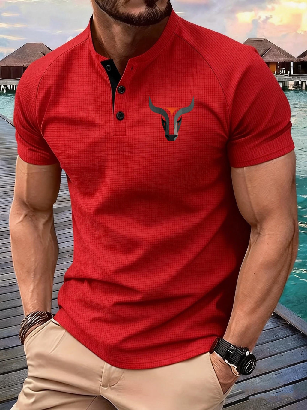 Summer Casual Fashion Men's Short-Sleeve Henley T-Shirt, Outdoor Leisure Work Running Comfortable European and American Trendy Versatile Men's Casual Shirt, Minimalist Outdoor Breathable Training Casual Men's Versatile Polo Shirt - Red