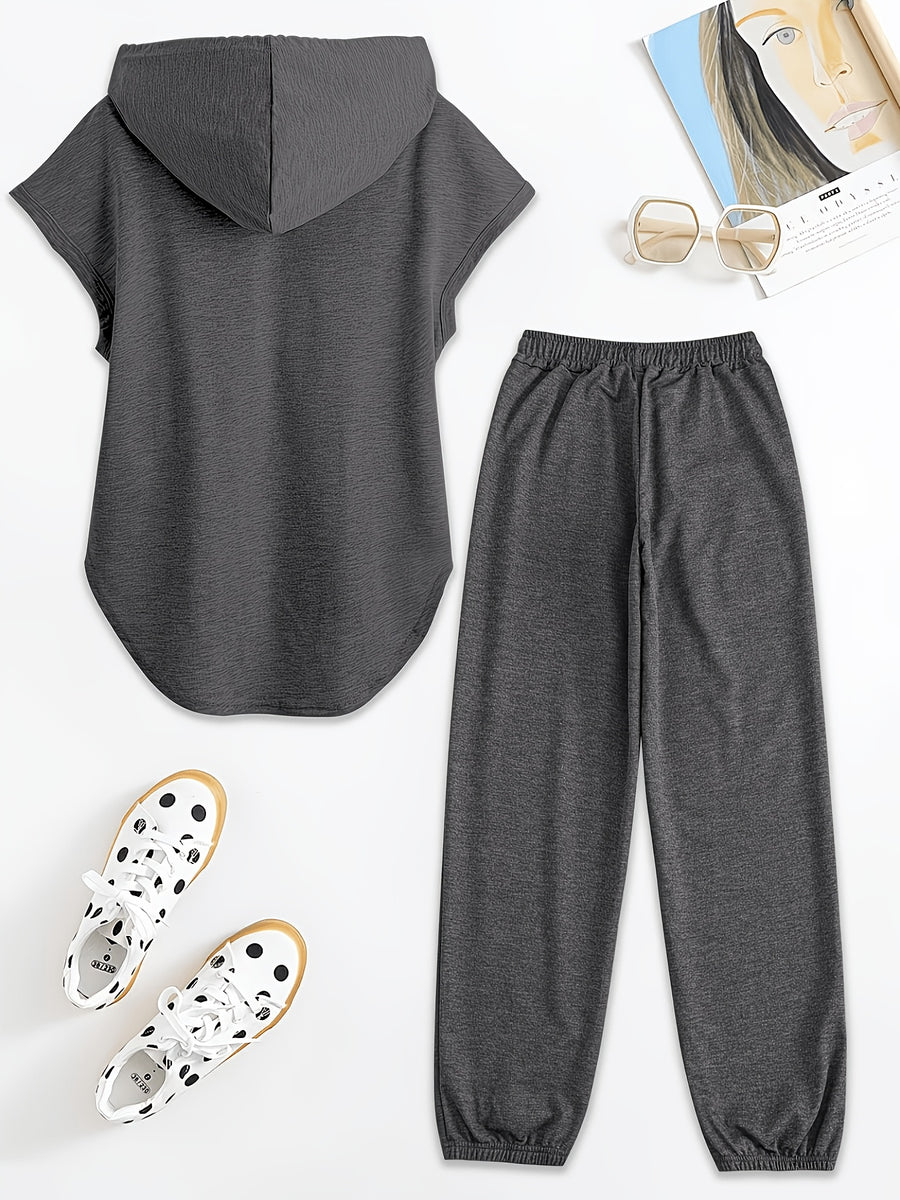 Pure Spring, Summer, Autumn Women's Casual Sporty Sleeveless Hooded T-Shirt Top and Long Pants Set - Grey