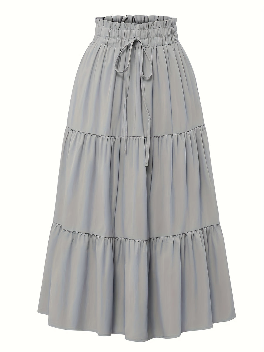 Women's Olive Green Pleated Midi Skirt - Lightweight Adjustable Drawstring Waist, Hand Washable Spring/Summer Elegant Solid Color Skirt for Casual & Formal Outfits, Casual Attire, Nontransparent Fabric, Spring Fashion, Classic Style, Breathable Material - Light Grey