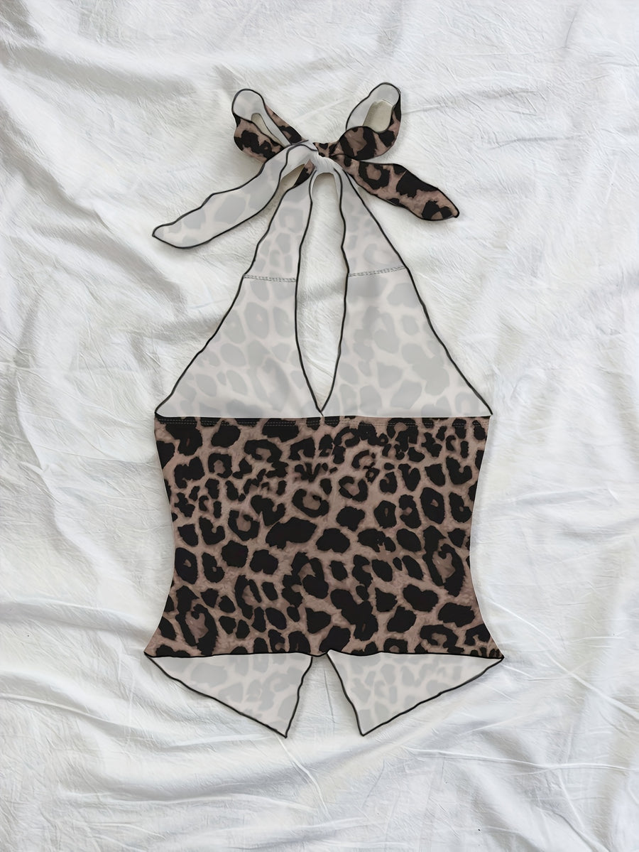 Elegant Vacation Style Sexy Leopard Print Camisole with Tie And Twisted Side Slit, Perfect for Summer, Beach, Holidays, Music Festivals, And Party Tops - Mixed colors