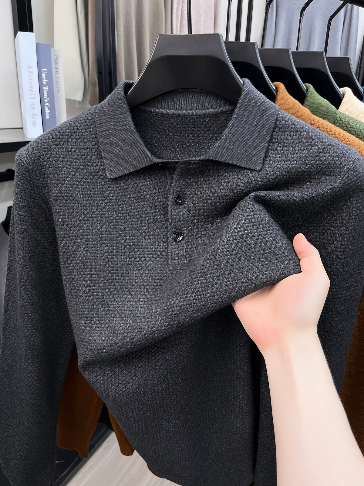 Autumn Men'S Long Sleeve T-Shirt Long Sleeve Pineapple Needle Lapel Business Casual Solid Color POLO Shirt - Deep Gray