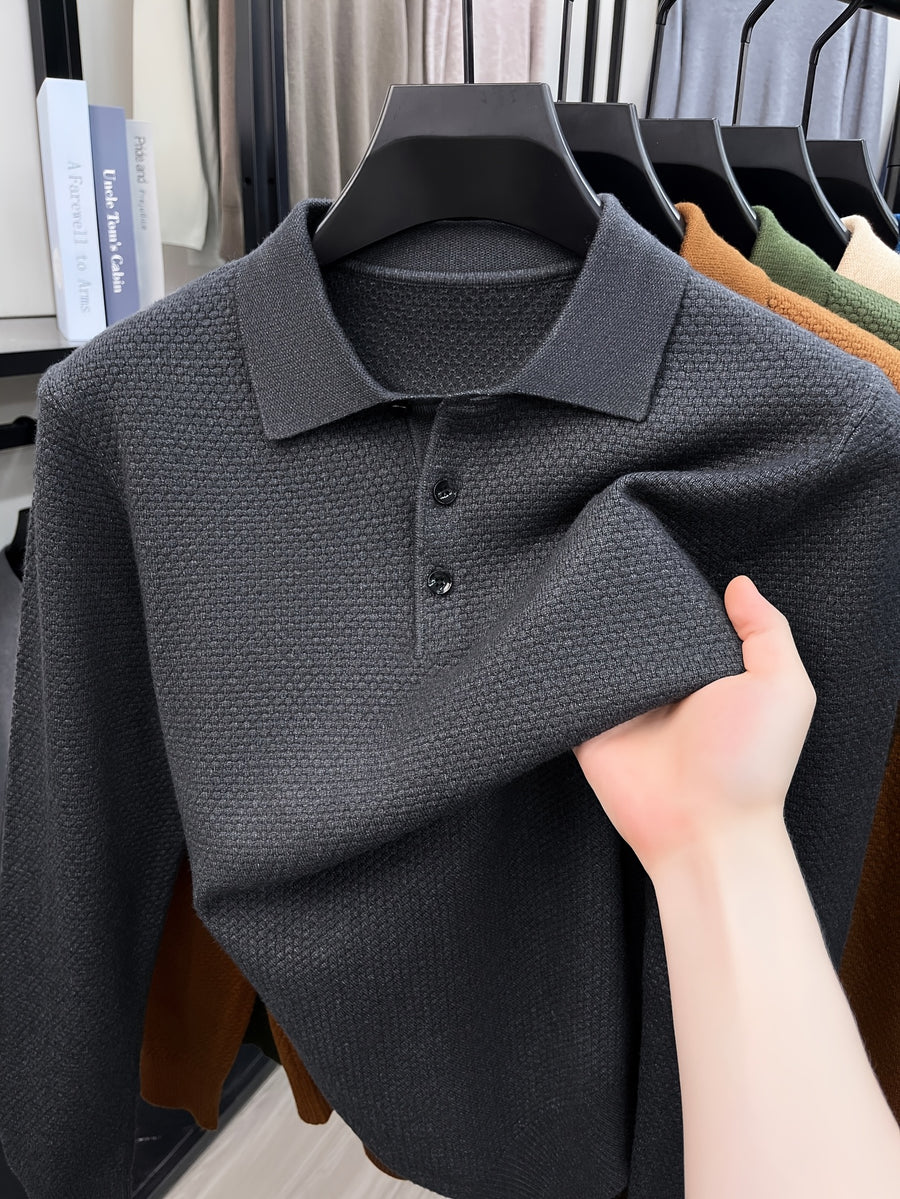 Autumn Men'S Long Sleeve T-Shirt Long Sleeve Pineapple Needle Lapel Business Casual Solid Color POLO Shirt - Deep Gray