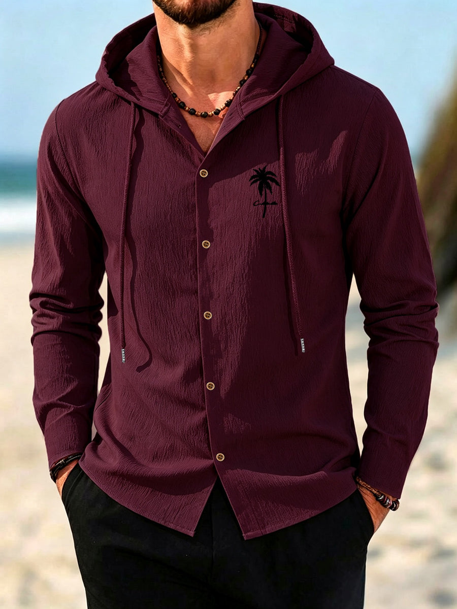 Men's Coconut Tree Print Hooded Long-Sleeve Shirt, Slightly Wrinkled Textured Casual Button-Up Cardigan, Summer Lightweight Breathable Vacation Top, Hawaiian Beach Jacket, Shirt Style + Hood with Drawstring, Suitable for Beach Trips, City Strolls - Maroon 2
