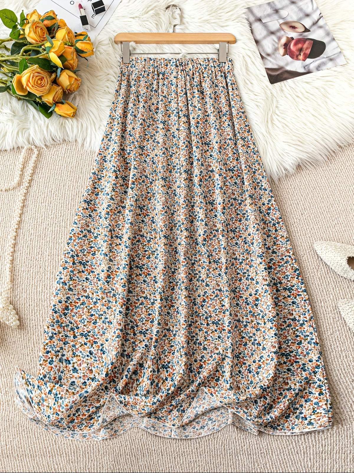 1pc Women's Floral Print Elastic High-waisted A-line Skirt - Multicolor