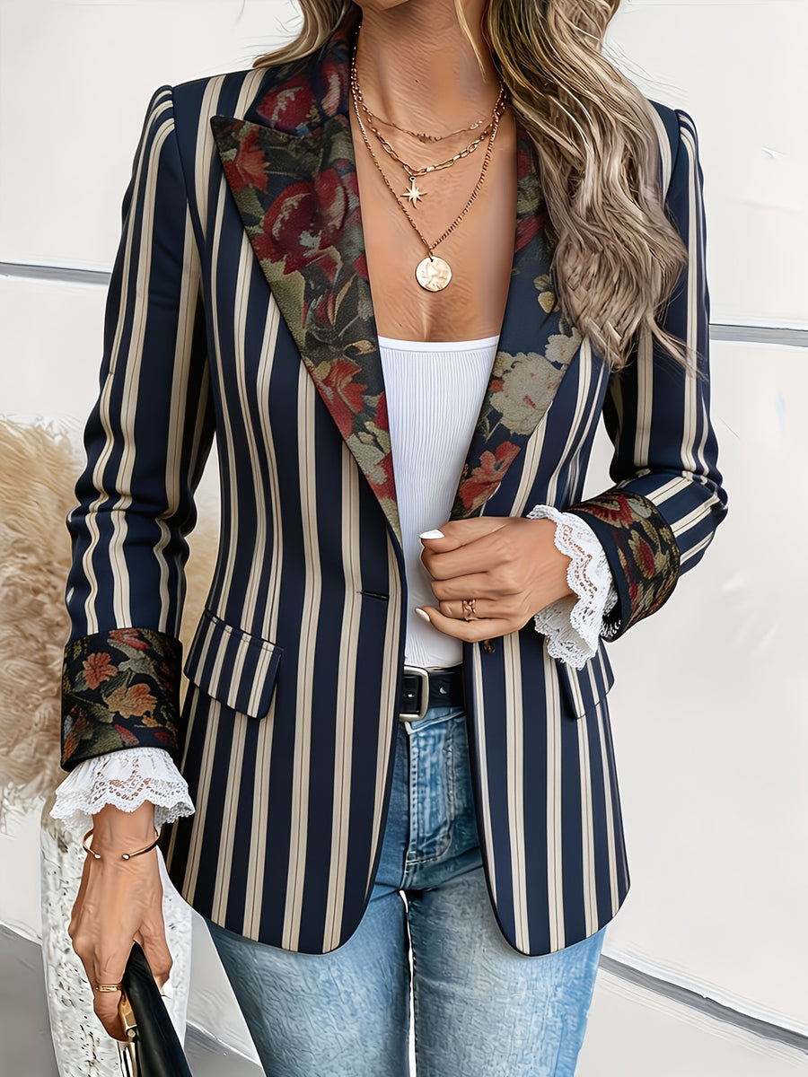 1pc Women'S Pinstripe Blazer, Single-Button Printed Suit Jacket with Faux Pockets, Lined, Casual All-Match, Elegant Top - Mixed colors