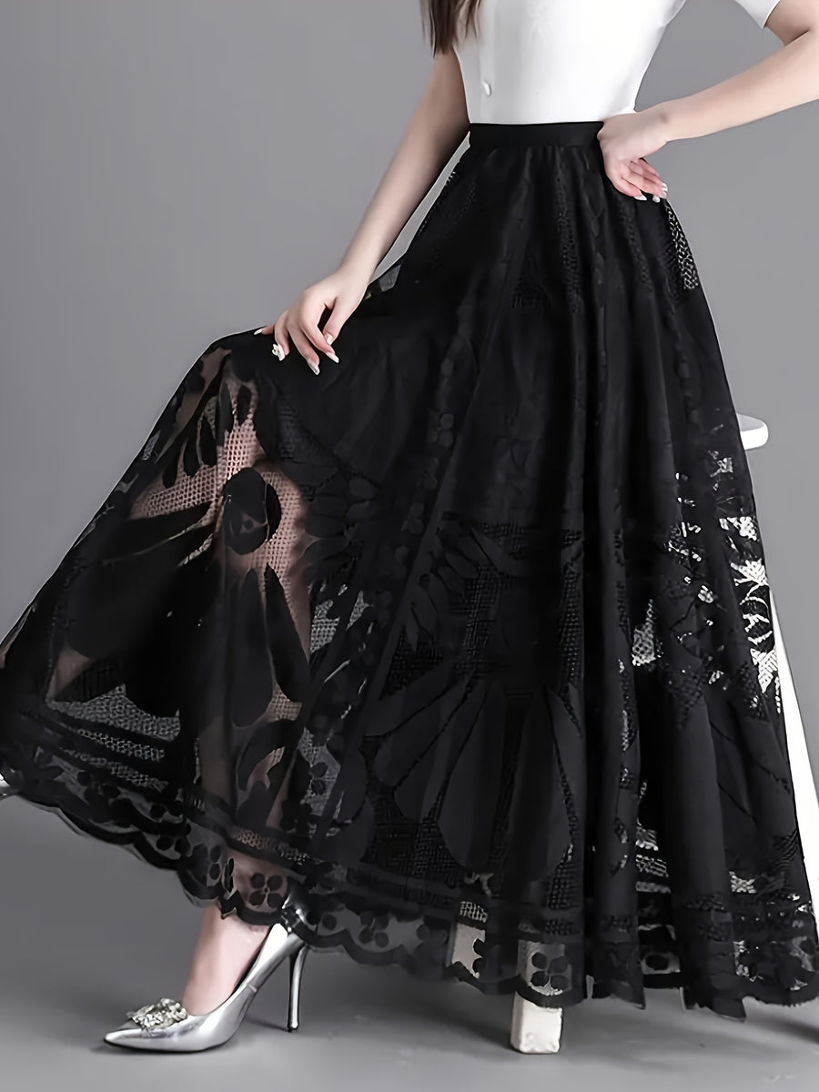 Elegant Women's A-Line Lace Skirt - Long Pleated Design with Intricate Floral Patterns, Lightweight Polyester, Ideal for Spring/Summer/Fall Events, Spring Summer Fashion|Aline Skirt|Polyester Fabric - Black