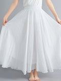 Solid Color Ethnic Style Literary Double-Layer Non-See-Through Midi Skirt for Women, Spring Summer Autumn Zen Style Long Dress with Wide Hem, High Waist Flowy - White