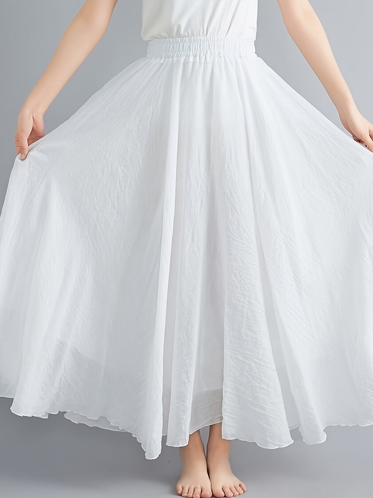 Solid Color Ethnic Style Literary Double-Layer Non-See-Through Midi Skirt for Women, Spring Summer Autumn Zen Style Long Dress with Wide Hem, High Waist Flowy - White