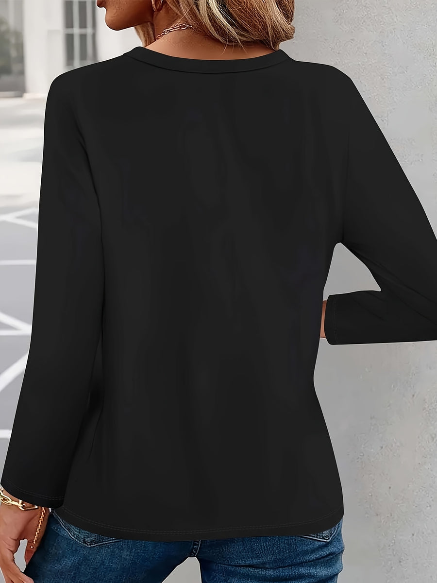 Women'S V-Neck Long Sleeve T-Shirt Made of Pure, Featuring a Printed Design That Flatters The Figure And Is Versatile for Various Outfits - Black