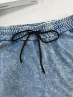 Summer Trendy Fashion Distressed Washed Short Sleeve Shorts with Drawstring Women'S Set NEW YORK City Letter Print American College Style (Varsity), New York Landmark Theme, Retro Style Comfortable for Hot Weather, Classic Silhouette for Styling - Blue