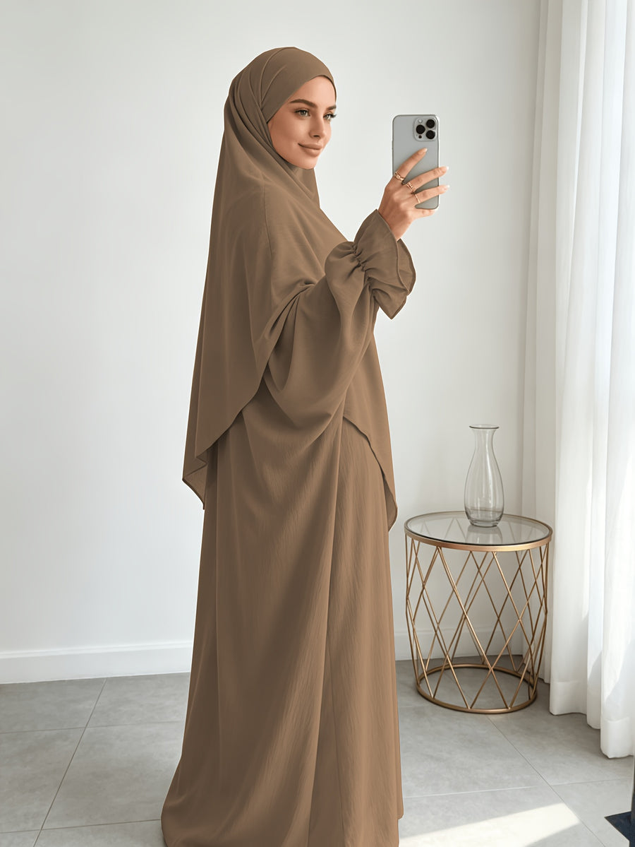 A Khimar + Abaya Prayer Jilbab Suit, a Fashionable and Elegant Vacation Set Featuring a Pure-color, Simple Single-layer Headscarf and a Light, Breathable, Comfortable Horn-sleeve Loose Dress. This Women's Abaya Combination Set Is Ideal for Muslim - Khaki