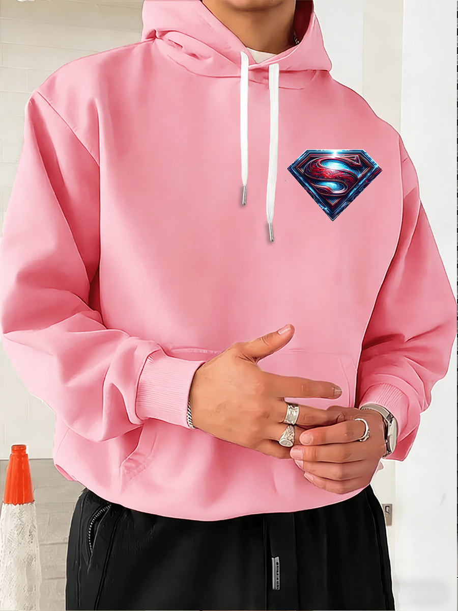 Warner Bros. Official Light and Shadow Superman S-Logo Printed Hooded Sweatshirt — Unisex Loose Pullover, Suitable for Casual, Sports, and Daily Wear, Machine Washable and Warm, for Autumn and Winter - Pink