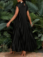 Satin Pleated Flutter Sleeve Long Women's Dress, Bridesmaid Dress, Loose Fit, Casual, Vacation, Elegant, Party, All Seasons, Birthday, Event Gown, Office Dress, Spring/Summer Dress - Black