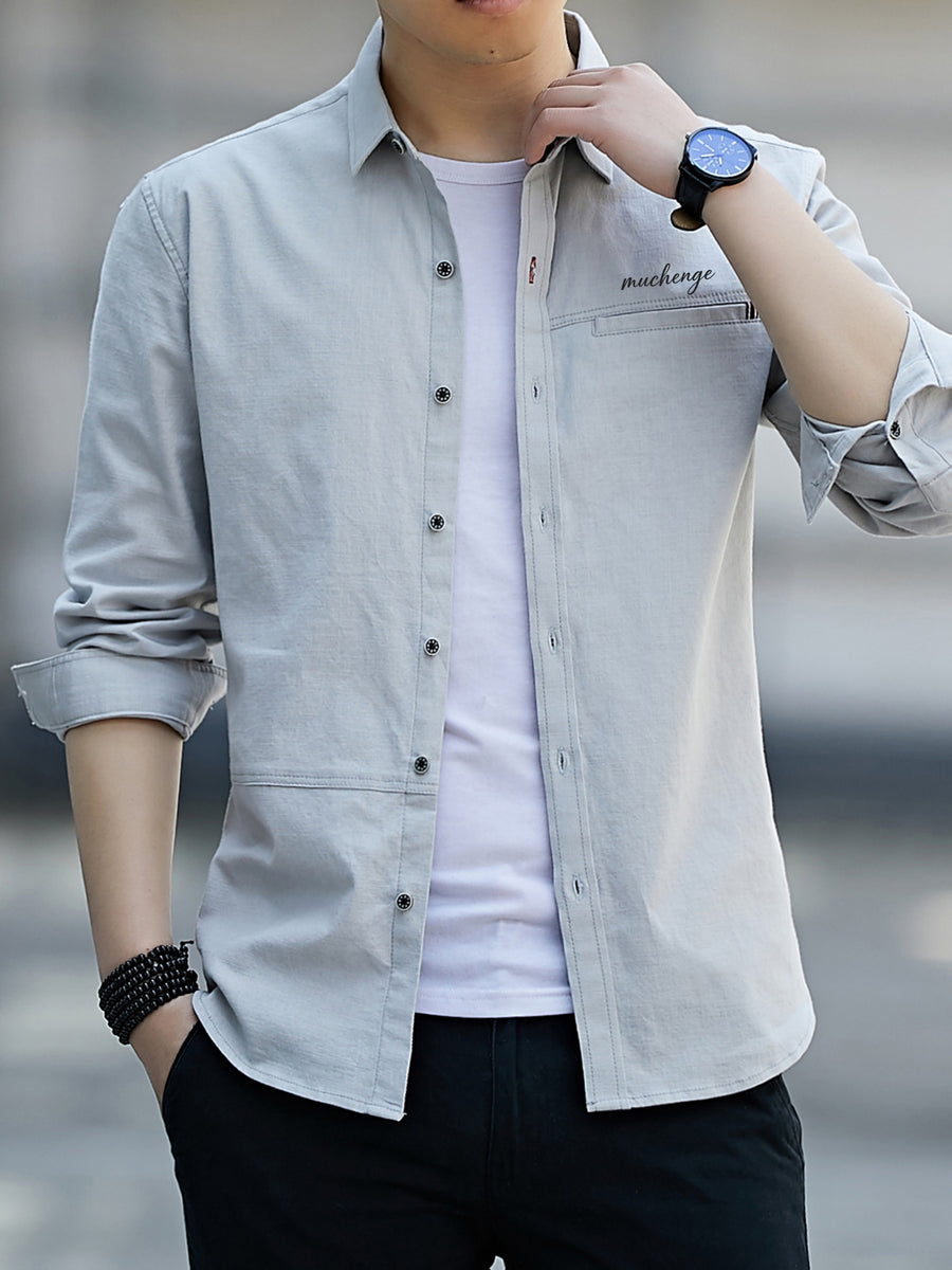 Men'S Casual Shirt, Spring/Autumn Style Linen-Like Collar Long Sleeve Versatile Solid Color Shirt, Minimalist Letter Print on Chest, Slim Fit Slimming Business Casual Top, Youth Daily Commute Versatile Men'S Clothing - Light Grey
