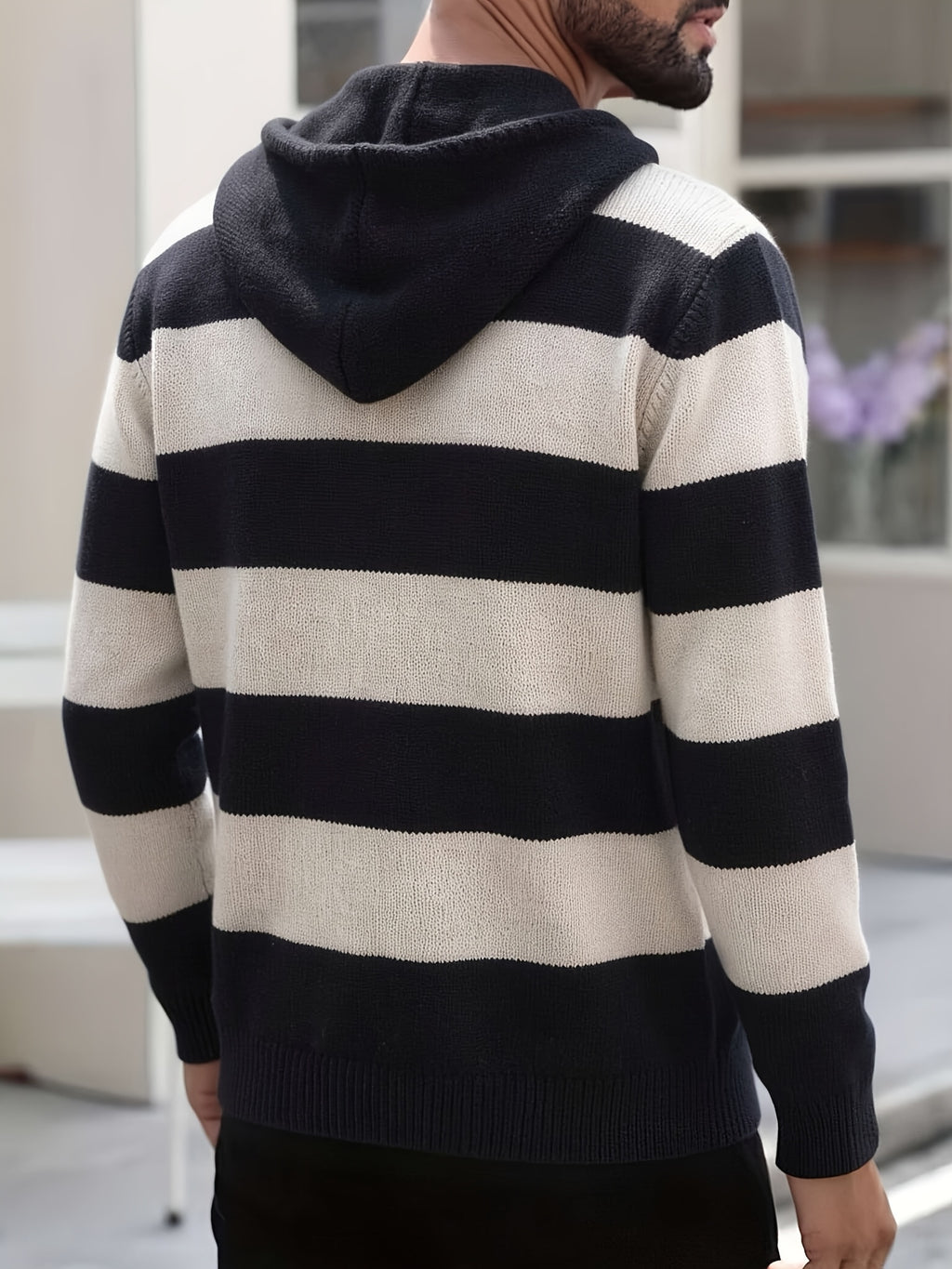 Men'S Hooded Sweater Autumn Winter New Fashion Casual Sweatshirt Knit Pullover Long Sleeve Warm Top Men, Regular Fit, Daily, Striped - Light Grey