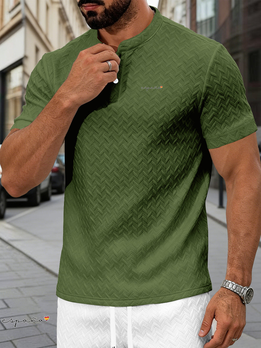 Men's Summer Short-Sleeve Henley Shirt with Button Collar - Breathable Jacquard Textured Crew Neck T-Shirt, Button-Front Placket Suitable for Outdoor & Daily Wear, Machine Washable Casual Button-Up Henley Button Shirt - Army Green