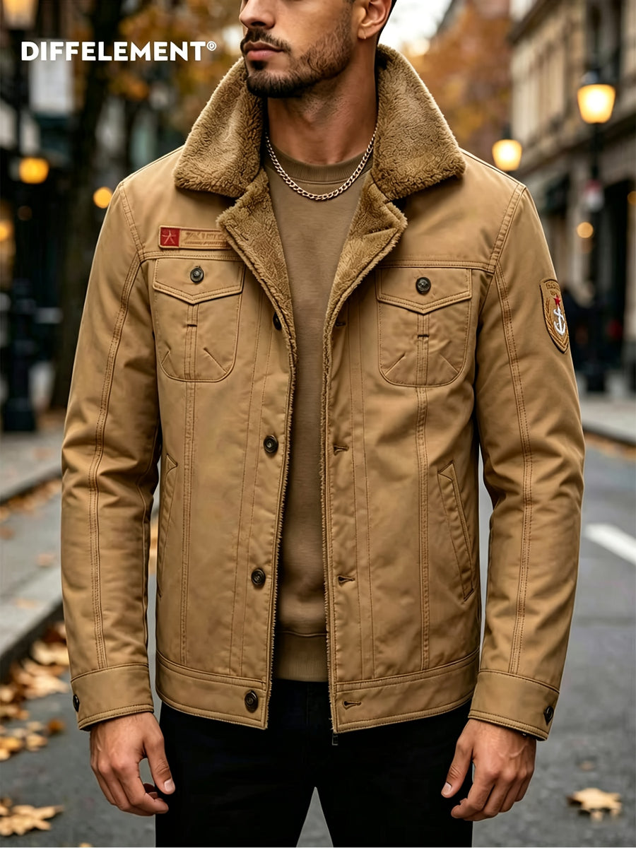 Men's Large Lapel Denim Work Jacket, Thickened for Locking in Heat and Cold Resistance, Wear-Resistant Washed Twill Workwear Fabric, Slim Fit Vintage Biker Style, Autumn/Winter Streetwear Commuter Biker Outfit, Full Lining, Chest Flap Patch Pocket - Khaki