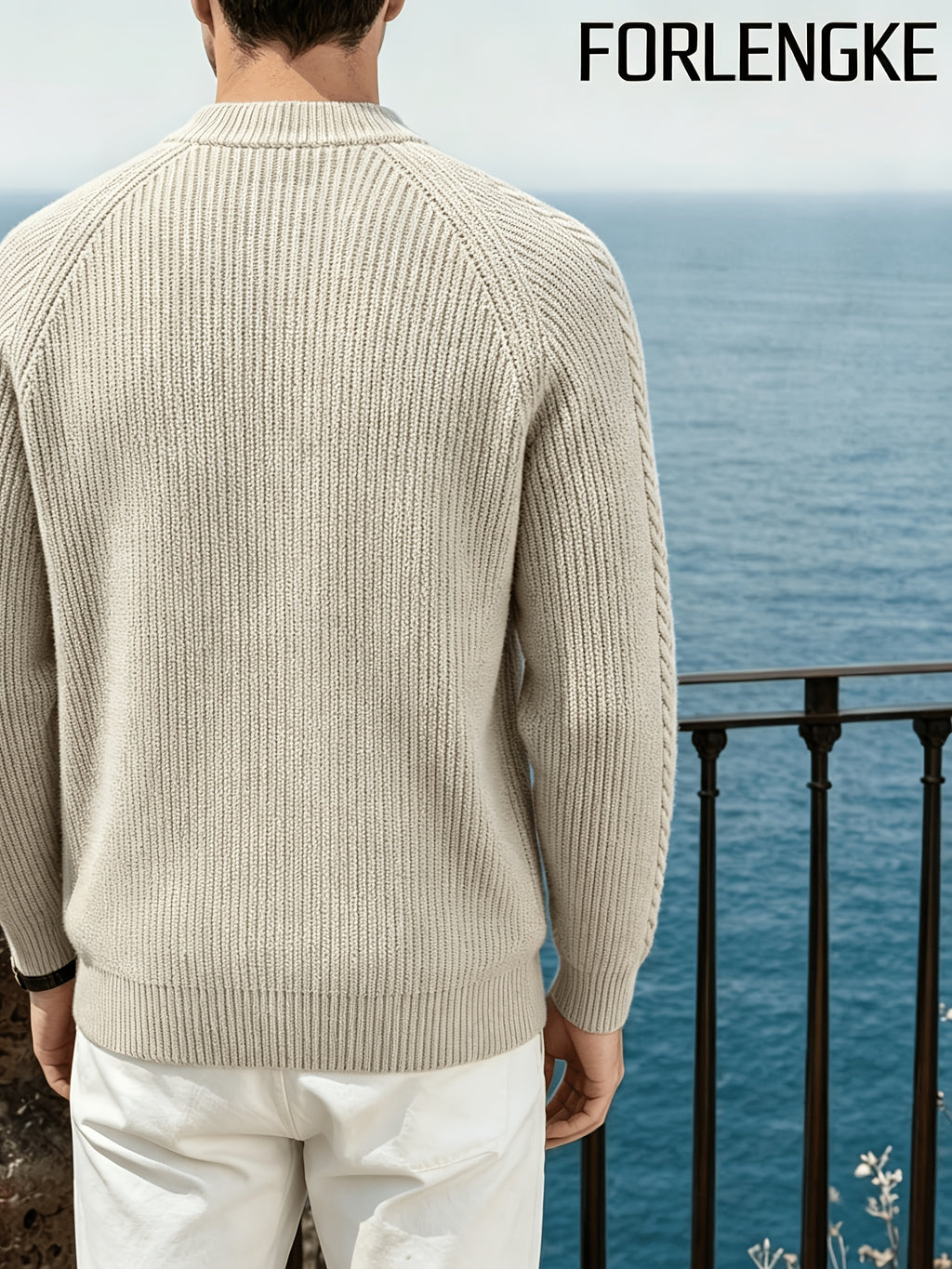FORLENGKE Men's Business Casual Crew Neck Ribbed Knit Sweater, Soft Warm Long Sleeve Pullover for Fall Winter Office Daily Wear - Apricot