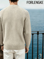 FORLENGKE Men's Business Casual Crew Neck Ribbed Knit Sweater, Soft Warm Long Sleeve Pullover for Fall Winter Office Daily Wear - Apricot