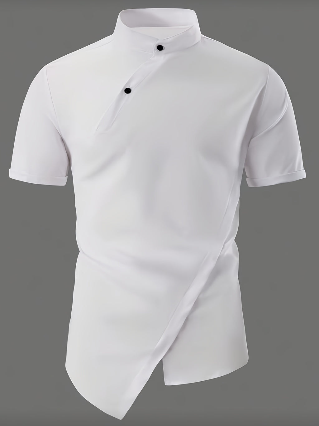 [Know And Give OBM] Men'S Fashion Casual Solid Color Short Sleeve Shirt, Button-Up Design, Irregular Design Sense, Suitable for Summer, Daily Outings, And Parties - White