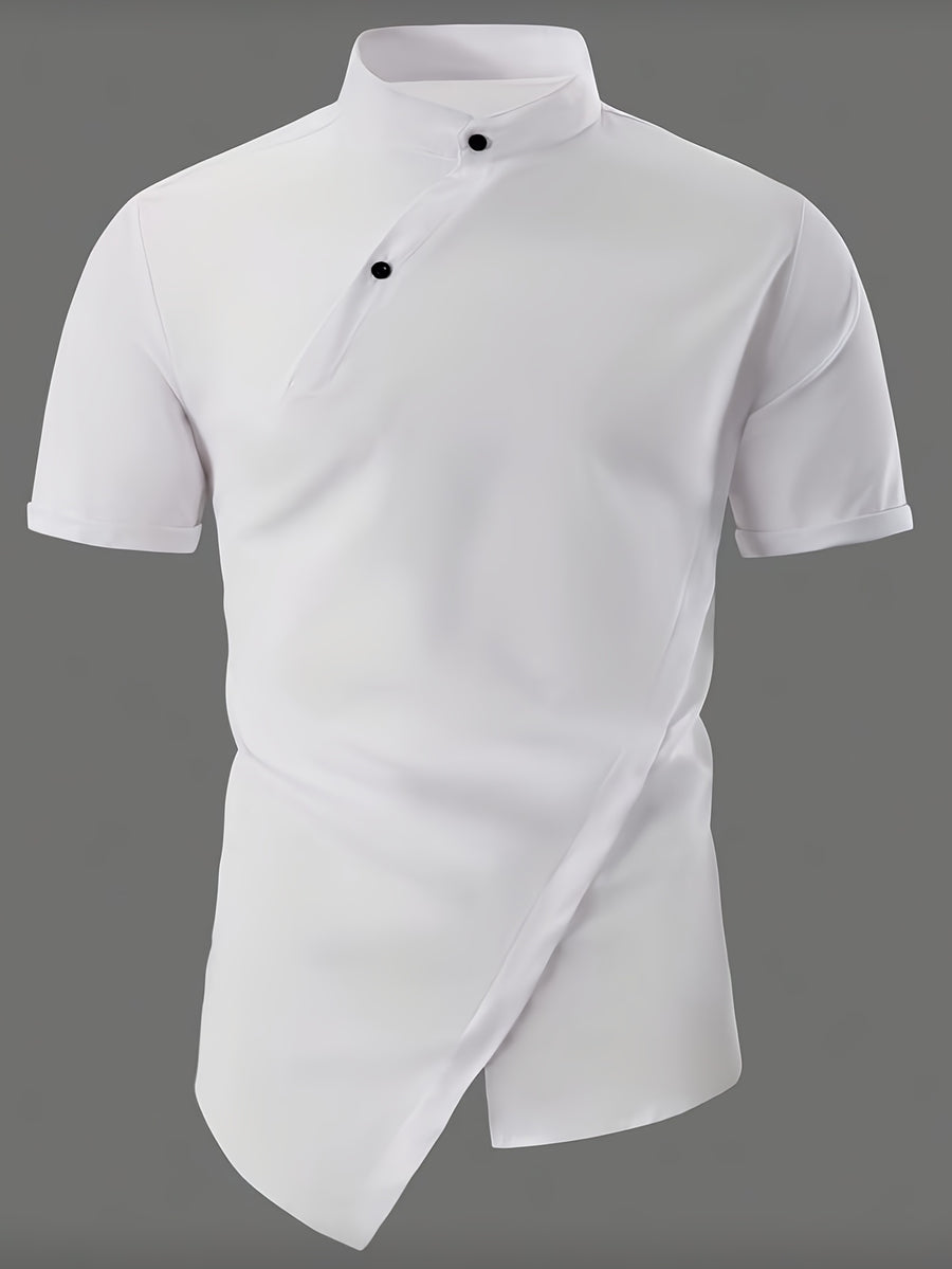 [Know And Give OBM] Men'S Fashion Casual Solid Color Short Sleeve Shirt, Button-Up Design, Irregular Design Sense, Suitable for Summer, Daily Outings, And Parties - White