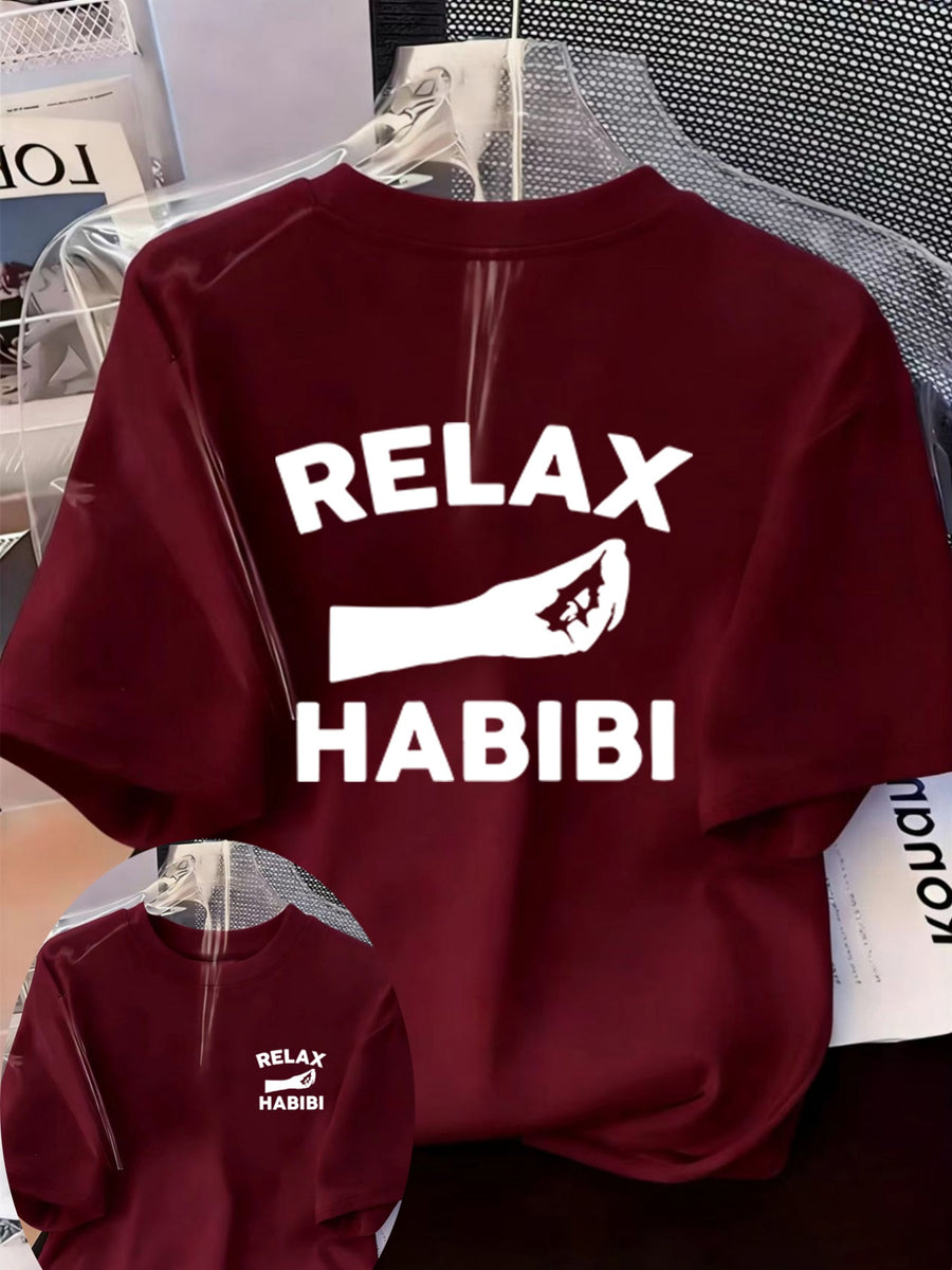 Front And Back Printed Women'S Fashion Base Print T-Shirt, Soft And Versatile, Casual Style Printed Pattern with RELAX HABIBI Lettering And Hand Gesture Design Printed Short Sleeve T-Shirt, Suitable for Casual Wear, Fashion All-Season Top - Burgundy