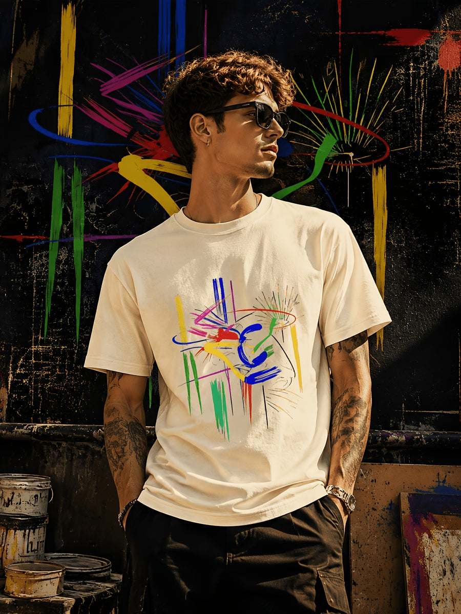 Men's Abstract Art T-Shirt - Vibrant Brushstroke Design, Soft and Breathable, Modern Crew Neck, Short Sleeve Summer Tee, Art-Inspired T-Shirt - Apricot