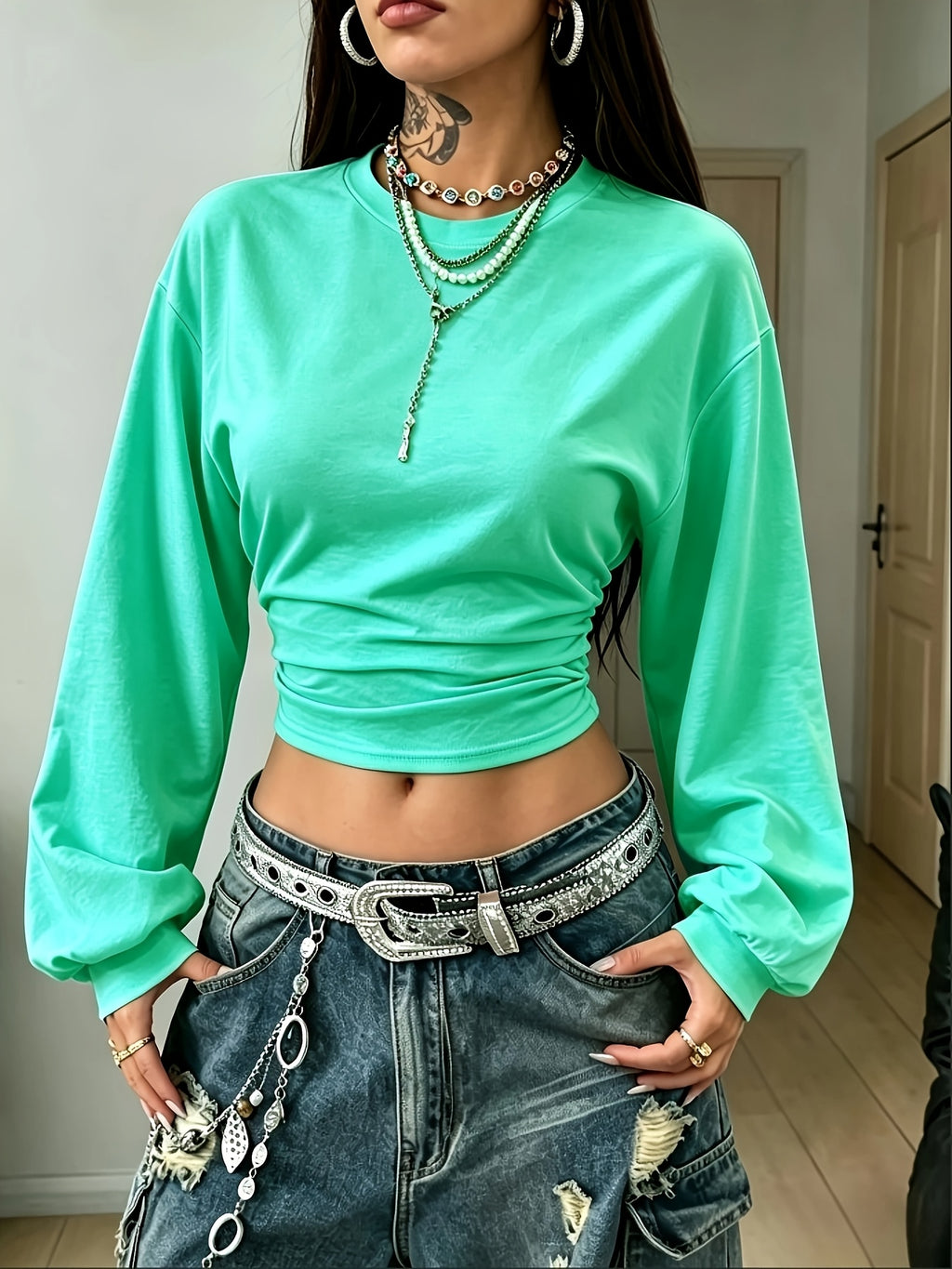 Women's Back-to- Season Basic Solid Color Pleated Asymmetrical Collar Long Sleeve Pullover Top, Autumn/Winter Casual Versatile Style,, Leisure, Dating, and Vacation Holidays in Multiple Scenarios - Mineral Green