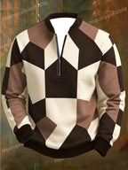 Men'S Autumn Winter Polo Zipper Sweatshirt, Men'S Retro Geometric Color-Block Digital Print Half-Zip Stand Collar Sweatshirt, Loose Casual Top, High Quality And Durable, Machine Washable, Daily Commute And Outdoor Wear - Mix color 5