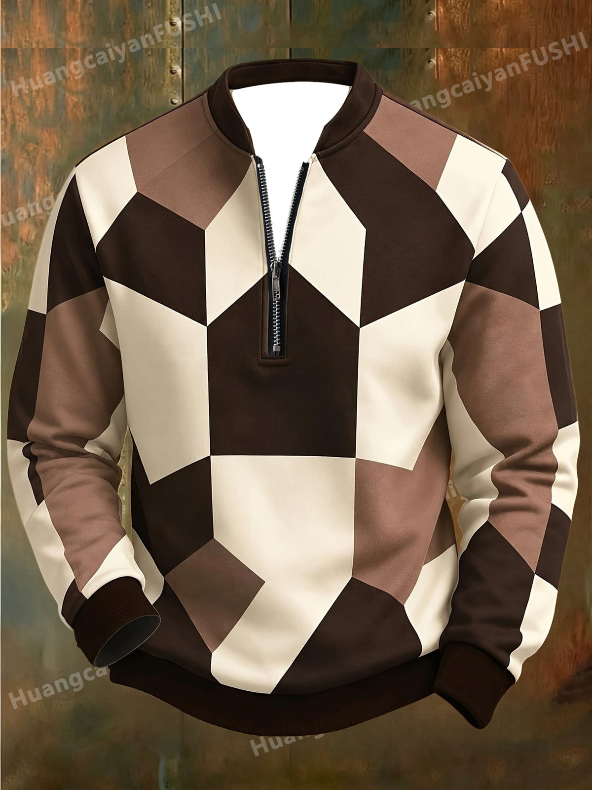 Men'S Autumn Winter Polo Zipper Sweatshirt, Men'S Retro Geometric Color-Block Digital Print Half-Zip Stand Collar Sweatshirt, Loose Casual Top, High Quality And Durable, Machine Washable, Daily Commute And Outdoor Wear - Mix color 5