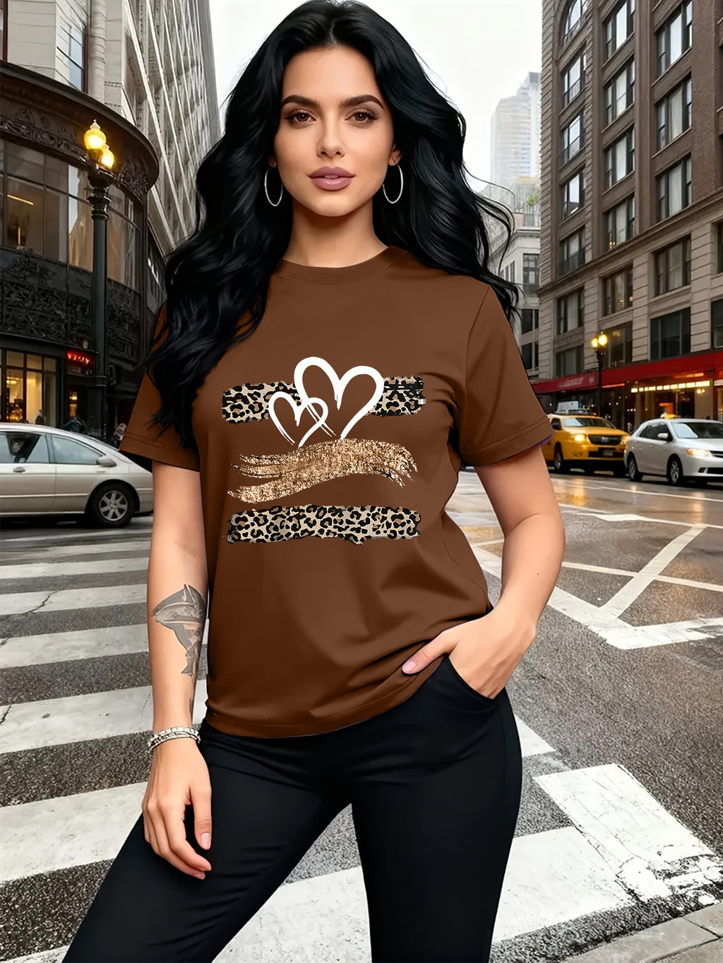 Leopard Print Heart Glitter-themed Pattern Print, Fashionable Breathable T-shirt, for Family Travel,, Casual S, Daily Commutes, Matching Outfits for Sisters, Versatile T-shirt 30057 - Brown