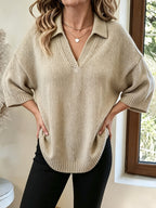 Plus Size, Women's Elegant Casual Cute Sexy Middle Eastern Style Spring Autumn Winter Solid Color V-Neck Batwing Sleeve Arc-Shaped Hem Slit Irregular Loose Soft Warm Shawl Cape Pullover Sweater Top - Khaki