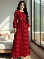 Polka Dot Printed Women'S Fashion Dress with Round Neck, Long Sleeves, Belted Waist Design, Elegant Long Dress Suitable for Spring And Autumn, Perfect for Festivals And Travel - Burgundy
