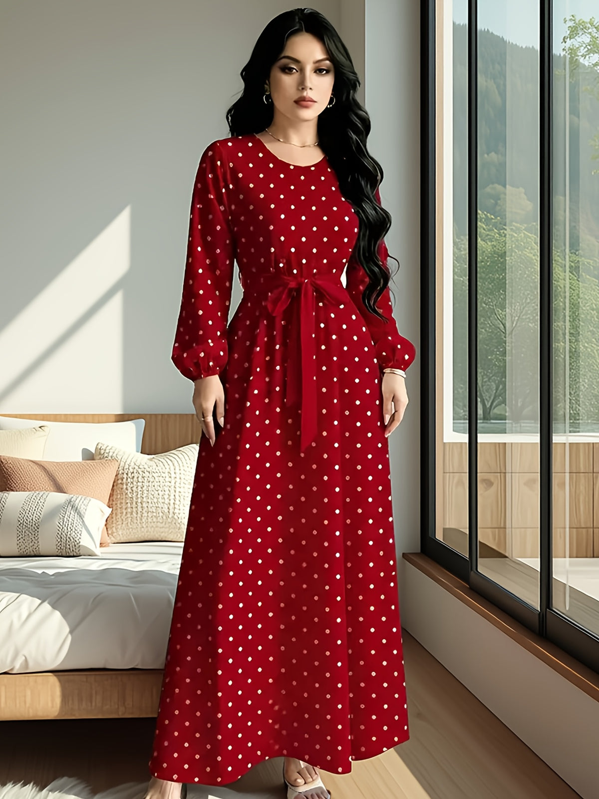 Polka Dot Printed Women'S Fashion Dress with Round Neck, Long Sleeves, Belted Waist Design, Elegant Long Dress Suitable for Spring And Autumn, Perfect for Festivals And Travel - Burgundy