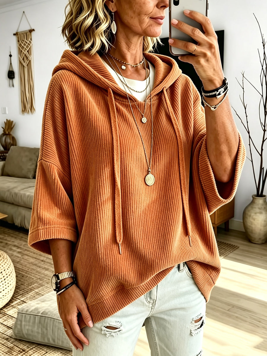 Plus Size - Women'S Casual Corduroy Drawstring Hooded Sweatshirt, Classic Versatile Hooded Top Elegant Women'S Top, Loose Fit Comfortable Sweatshirt Suitable for Commute And Casual Wear Spring/Autumn Clothing - Orange-Red