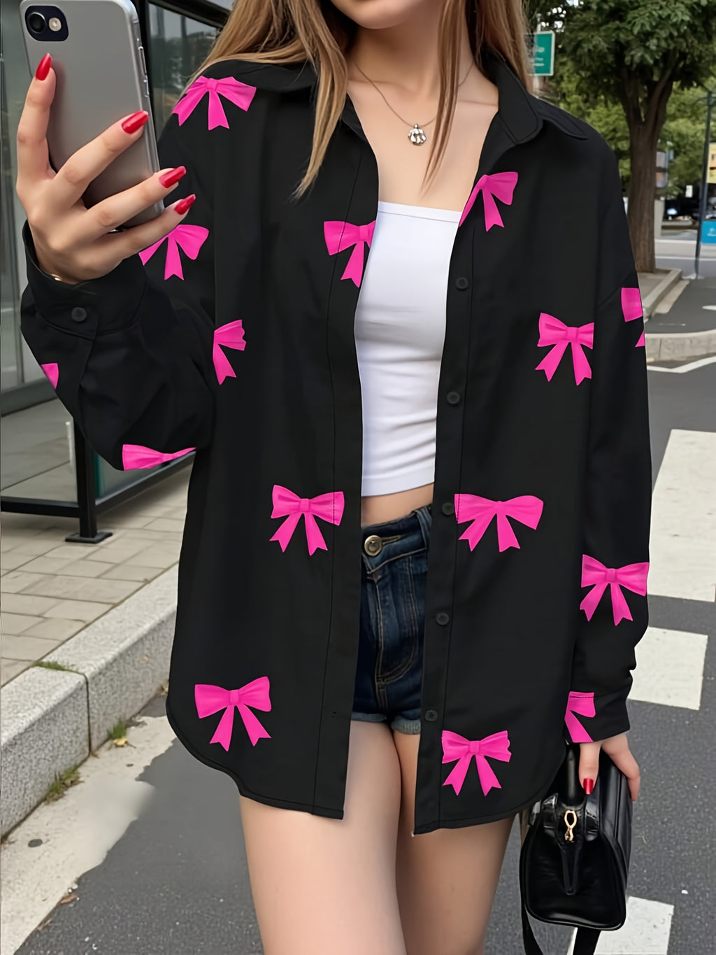 Early Autumn Series Women's Top with Bow Print, Youthful and Casual Shirt - Mixed colors