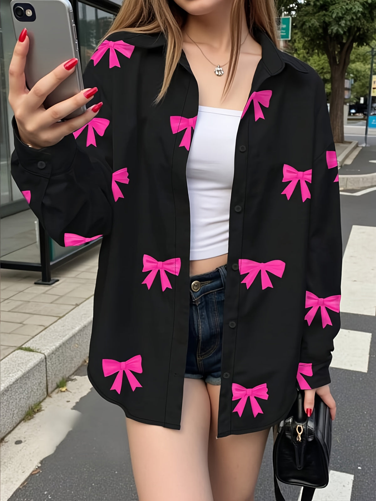 Early Autumn Series Women's Top with Bow Print, Youthful and Casual Shirt - Mixed colors