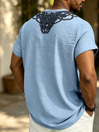 2026 New American Summer Men'S Lightweight Bamboo Rayon Rayon Braid Loose Rune Print V-Neck Casual Short Sleeve - Light Blue