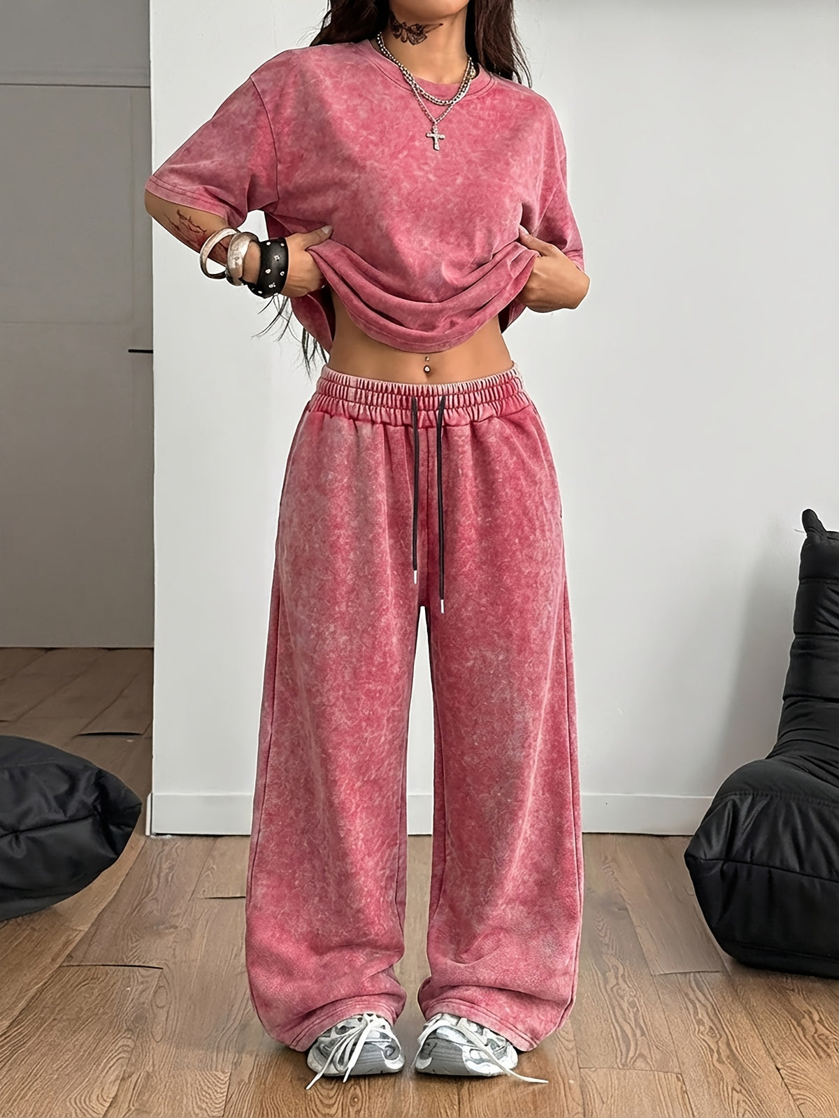 Y2K Retro Street Subculture Women'S Summer Casual Fried Snowflake Short-Sleeved And Pants Set, Can Be Worn at Home Or Outside - Red
