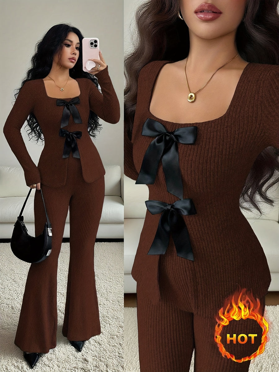 Elegant Fashion New Autumn Winter Solid Color Warm Square Neck Long Sleeve Slim Fit Waist Tie Bow Decor Top and Slim Fit Warm Flared Pants 2pcs Set - Coffee Brown