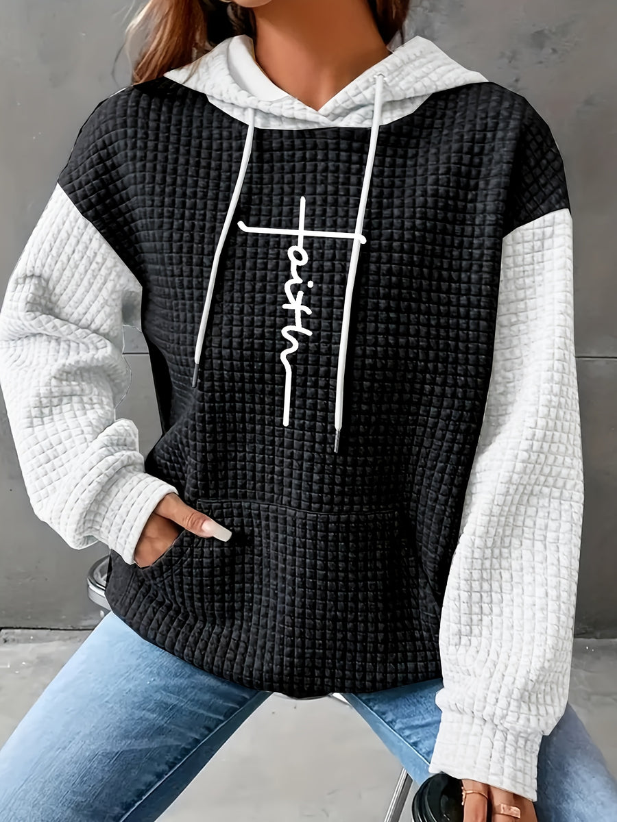 Women's Casual Oversized Hoodie with Checkered Texture & Letter Print, Kangaroo Pocket, Long Sleeve Loose Fit Sweatshirt for Fall Winter, Machine Washable, Fall Fashion, Relaxed Style, Comfortable Texture, Print Sweatshirt, Cozy Wear - Coal Black