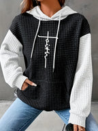 Women's Casual Oversized Hoodie with Checkered Texture & Letter Print, Kangaroo Pocket, Long Sleeve Loose Fit Sweatshirt for Fall Winter, Machine Washable, Fall Fashion, Relaxed Style, Comfortable Texture, Print Sweatshirt, Cozy Wear - Coal Black
