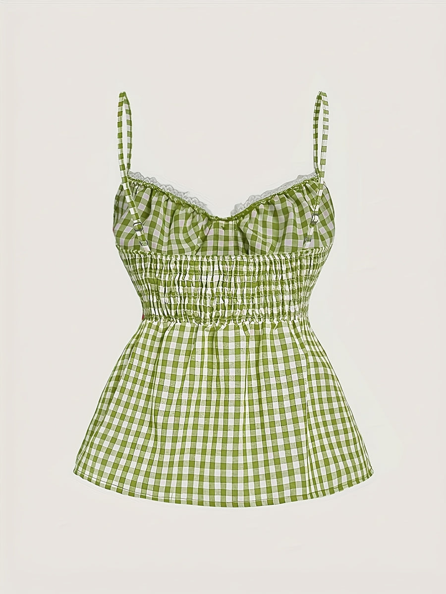 Women's Plaid Button Lace Trim Spliced Spaghetti Strap Top - Green