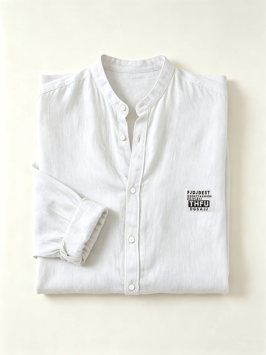 Men's Linen Long-sleeve Shirt, Small Stand-up Collar Button- Casual Shirt, Solid Color Simple and Versatile Style, Suitable for Spring and Autumn Outdoor Activities, Travel and Vacation, and Daily Commuting Wear - White