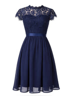 Elegant Women's Lace Patchwork Dress with Lace Stand-Up Collar, Ruffle Sleeves, and Waist-Cinching Design, Featuring a Chiffon Hem, Suitable for Commuting, Parties, Weddings, and Evening Events - Navy Color