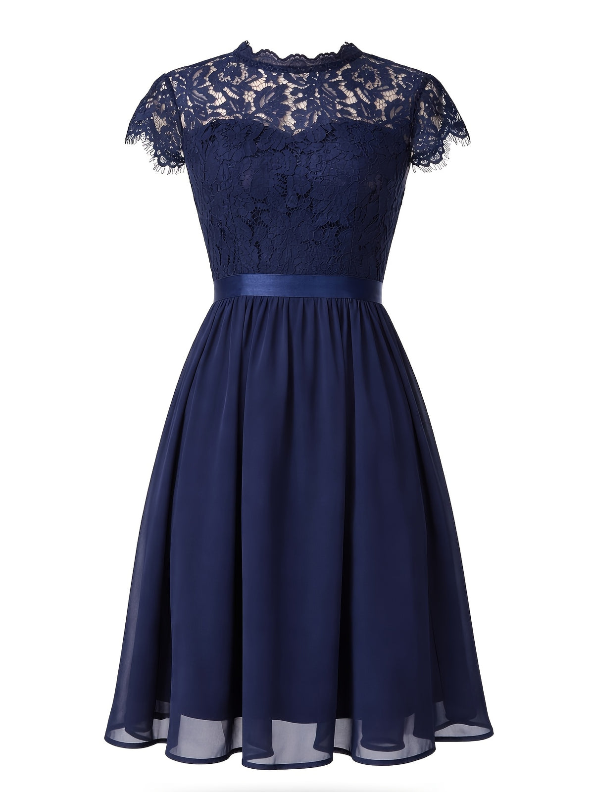 Elegant Women's Lace Patchwork Dress with Lace Stand-Up Collar, Ruffle Sleeves, and Waist-Cinching Design, Featuring a Chiffon Hem, Suitable for Commuting, Parties, Weddings, and Evening Events - Navy Color