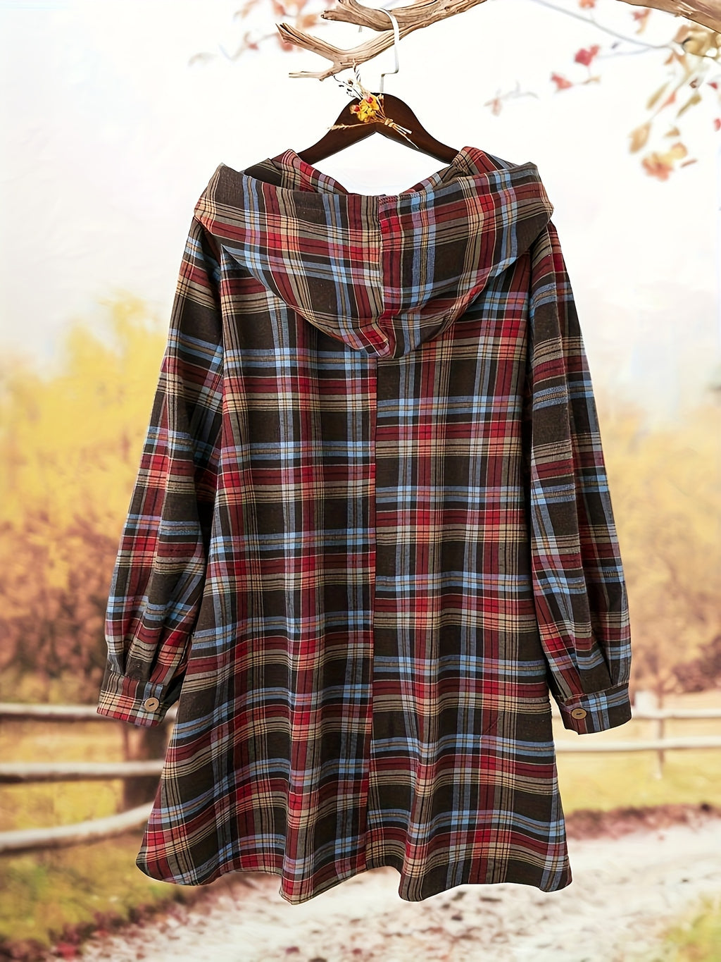 Plus Size - Plus Size - Women'S Plus Size Plaid Fleece Fabric Casual Elegant Hooded Shirt, with Pockets, Mid-Length, Spring Autumn New Year Outfit - Red Box