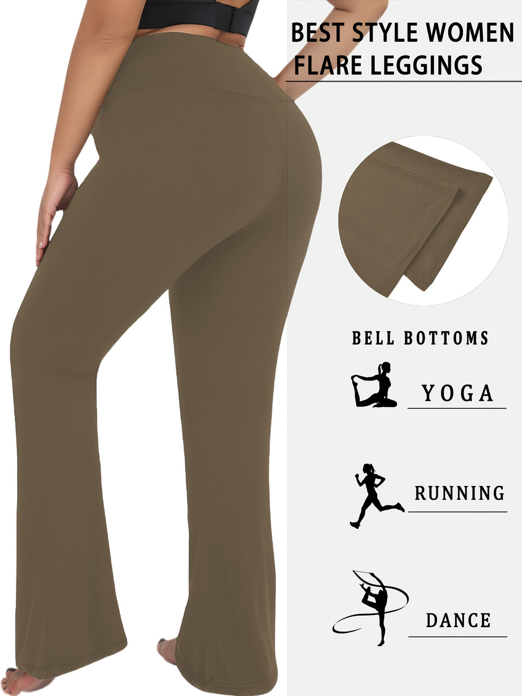 Plus Size Women's Super Soft High Waisted Flare Pants, Leggings Tummy Control Soft Bootleg Bell Bottoms - Coffee Color