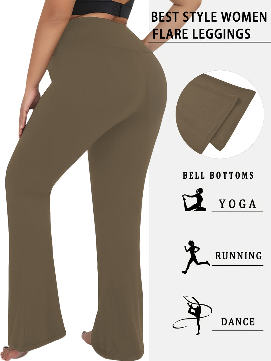 Plus Size Women's Super Soft High Waisted Flare Pants, Leggings Tummy Control Soft Bootleg Bell Bottoms - Coffee Color