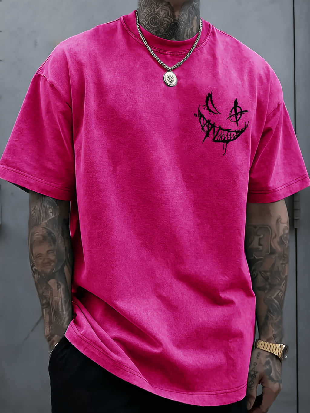 Licensed by WB Warner, Men'S Retro Old 100% Washed Crew Neck T-Shirt, DC Batman Joker Why So Serious Sketch Graffiti Design, Loose Version, Men'S Casual Versatile Loose T-Shirt, Suitable for Daily Wear Outdoor Sports - Rose Red